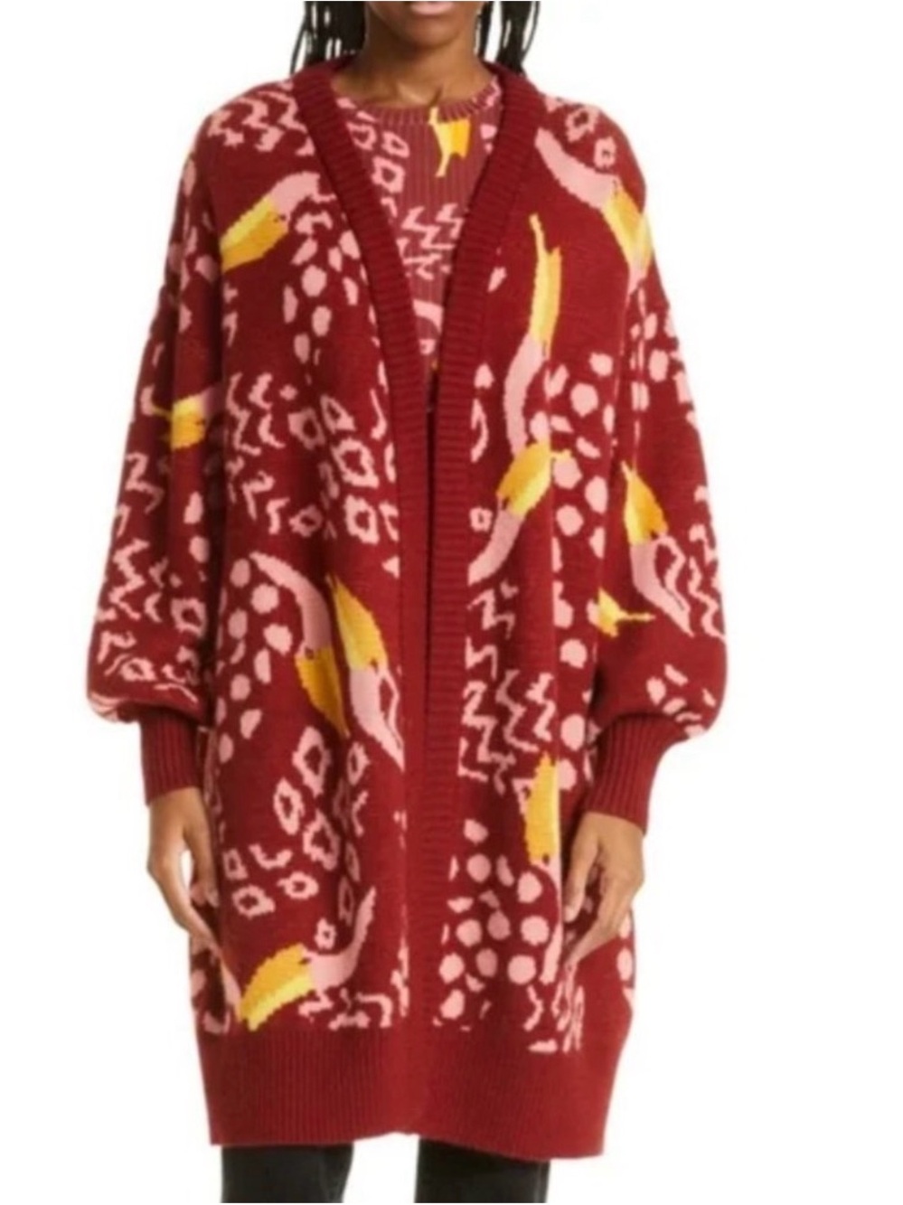 FARM Rio Burgundy Toucanissimo Oversized Belted Cardigan Size S